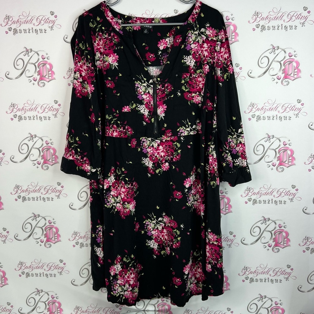 Torrid Dress half zip up zipper flowers Black and Pink Floral Long Sleeve Dress